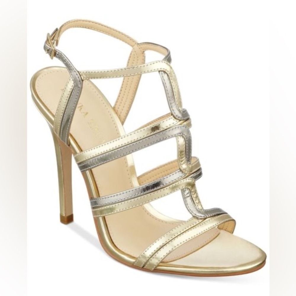 Ivanka Trump Ithazen Metallic Gold Silver Multi Strap Cage Stiletto Sandals 7M